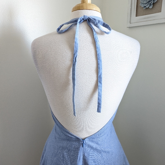 Chelsea & Violet Embroidered Halter Backless Mini Dress Blue Cream Medium - Picture 6 of 10